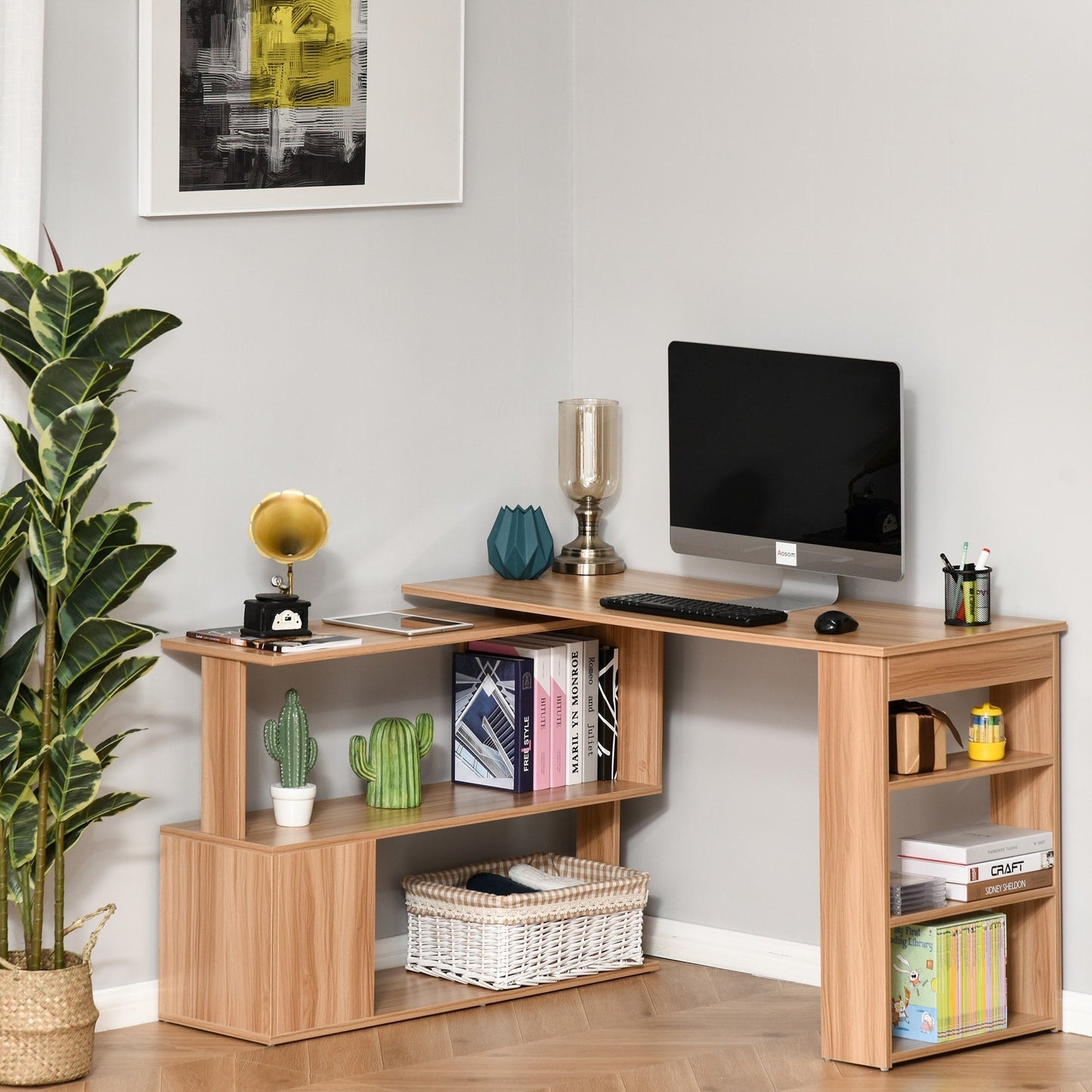 HomCom Modern L Shaped Rotating Computer Desk with Bookshelves