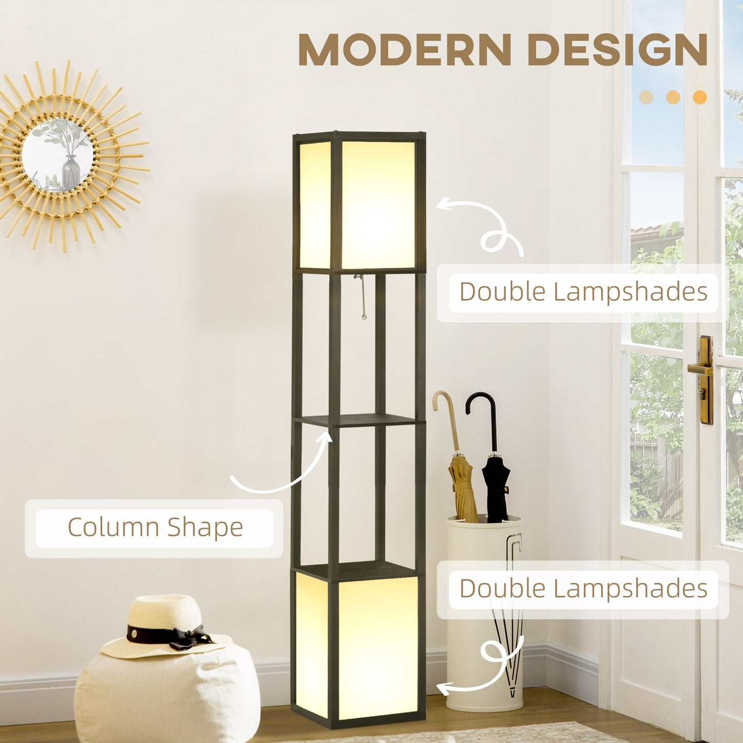 HOMCOM Floor Lamp with Shelves, Dual Light, Modern Tall Standing Lamps, with Fabric Lampshade (Bulb not Included)