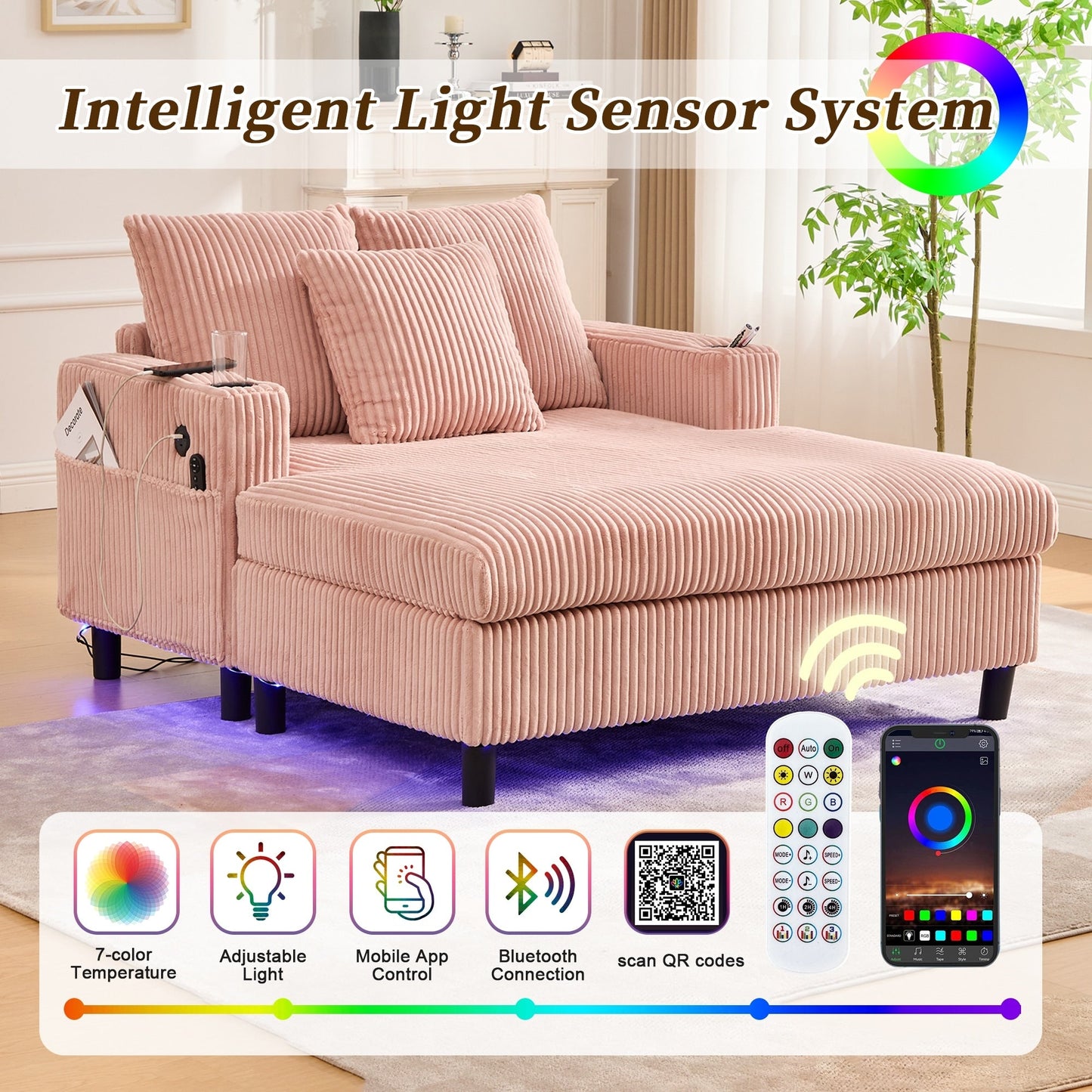 HOMEFUN Corduroy Upholstered Oversized RGB LED Light Recliner Sofa Bed with Cup Holder,USB&3 Pillows