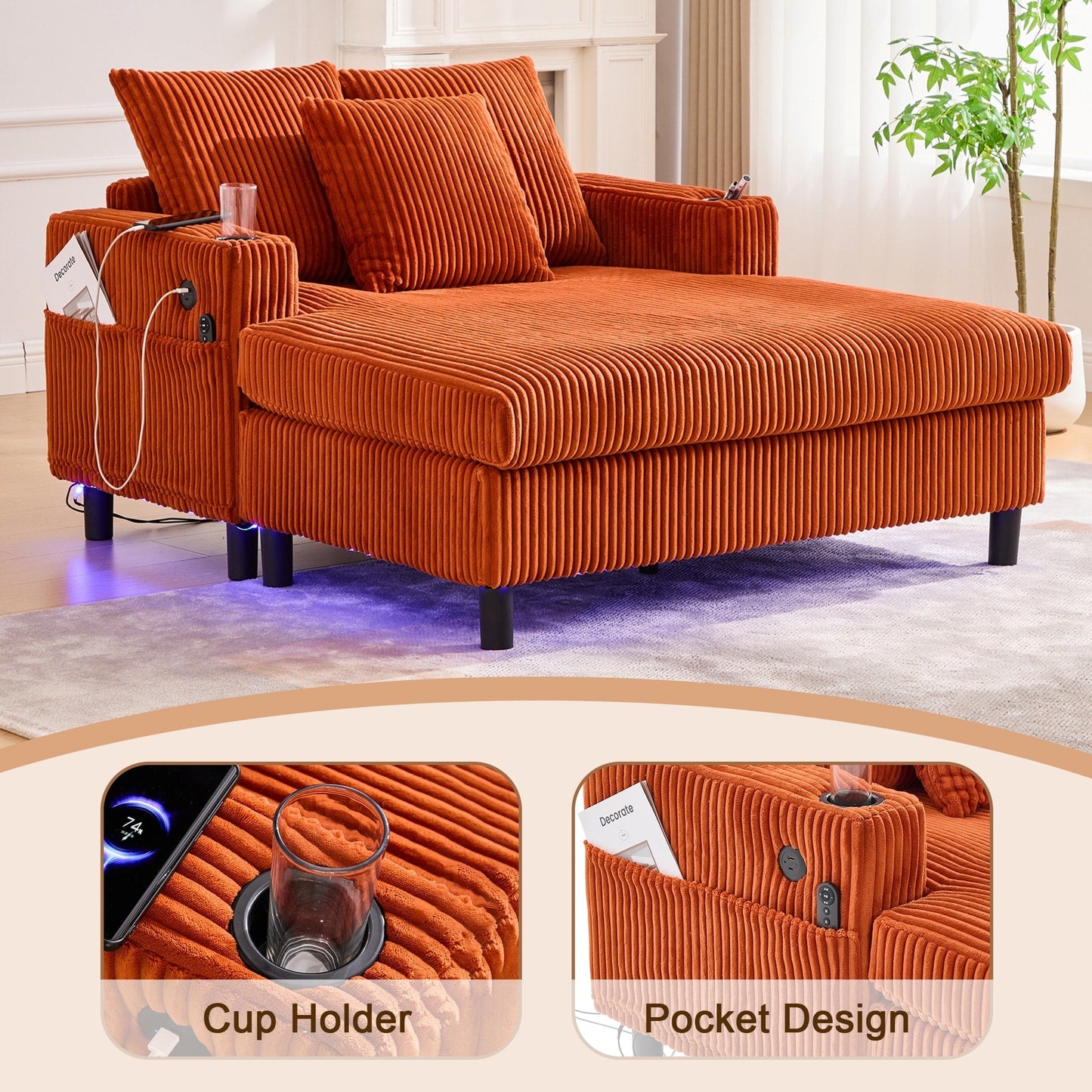 HOMEFUN Corduroy Upholstered Oversized RGB LED Light Recliner Sofa Bed with Cup Holder,USB&3 Pillows