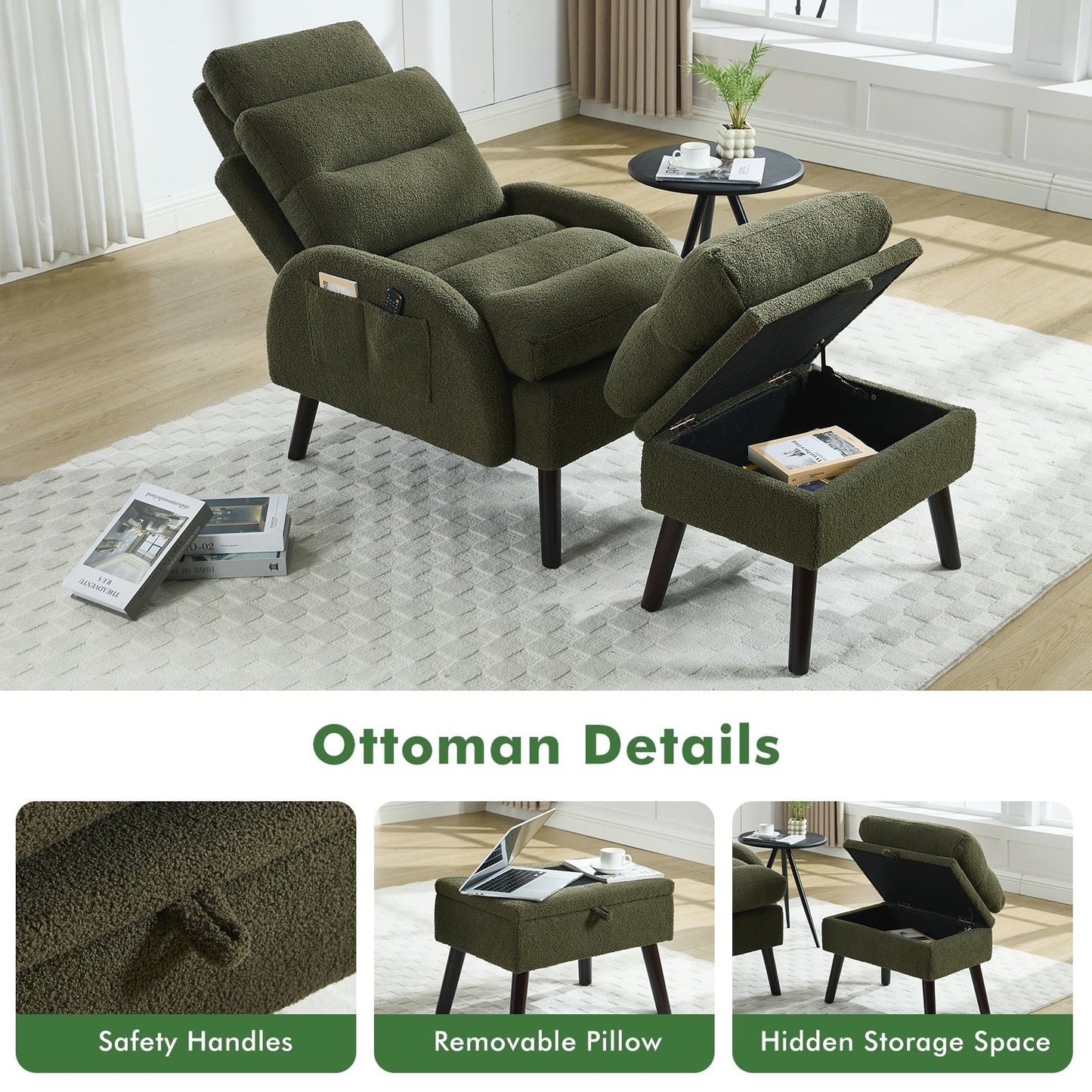 HOMYKA Accent Lounge Chair with Adjustable Backrest Storage Ottoman