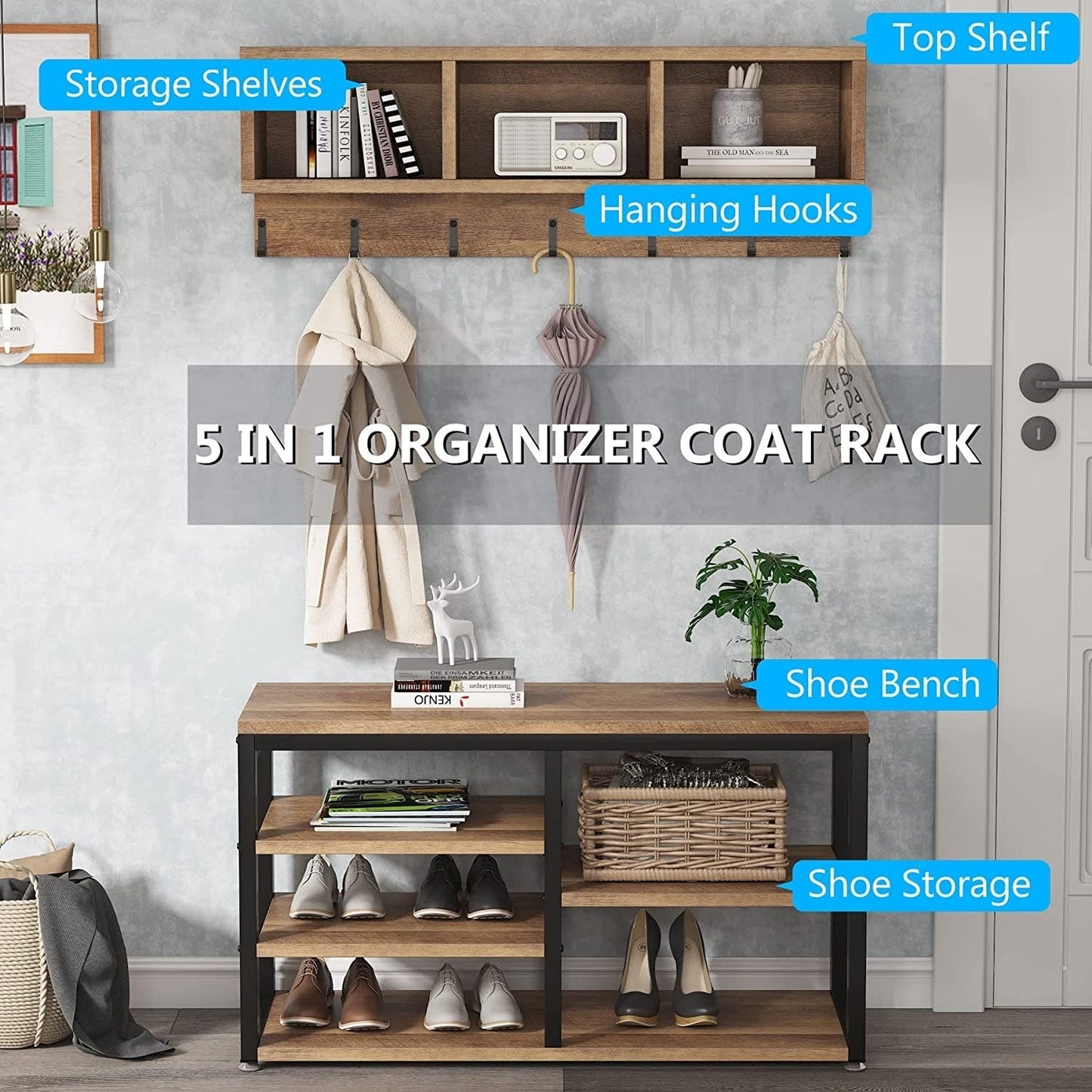 Entryway Coat Rack Shoe Bench Set, Industrial Hall Tree Coat Shoe Rack