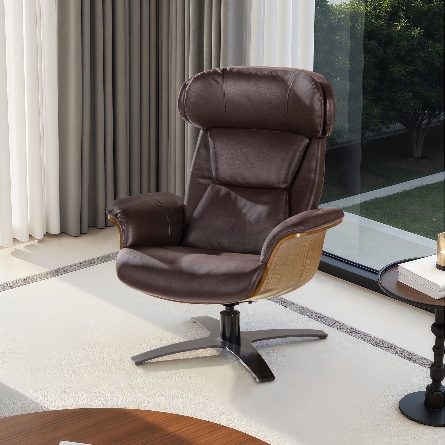 Jovan 31.5 Curved Wood Genuine Leather Recliner Lounge Chair