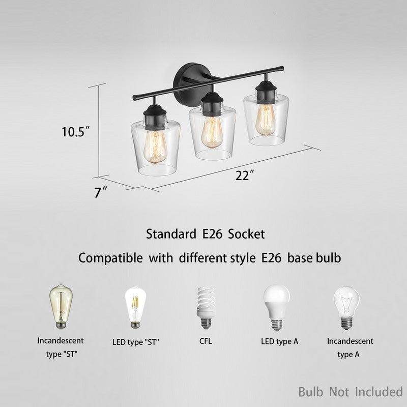 KAWOTI 3-Light Dimmable Bathroom Vanity Light with Glass Shade - L22 x W7 x H10.5