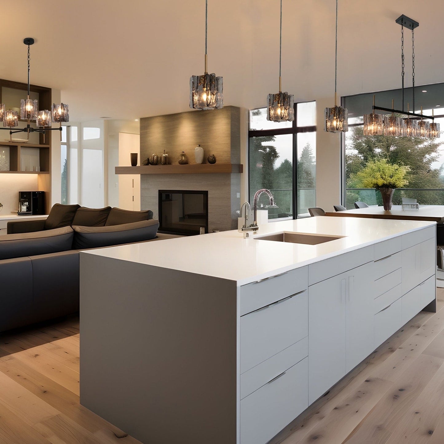 Kasy Modern 5-Light Linear Chandelier Textured Glass Kitchen Island Light Unique Design