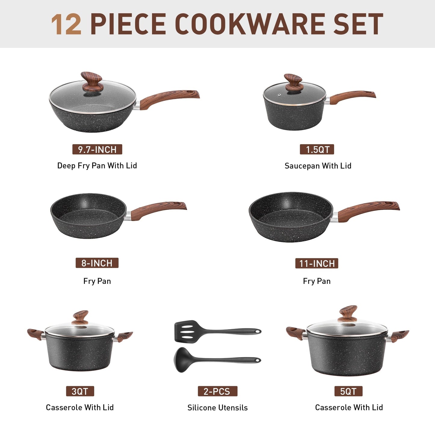 Kitchen Granite Cookware Set, Cooking Pans Set Non-Stick Pots 12/15/30-piece Set