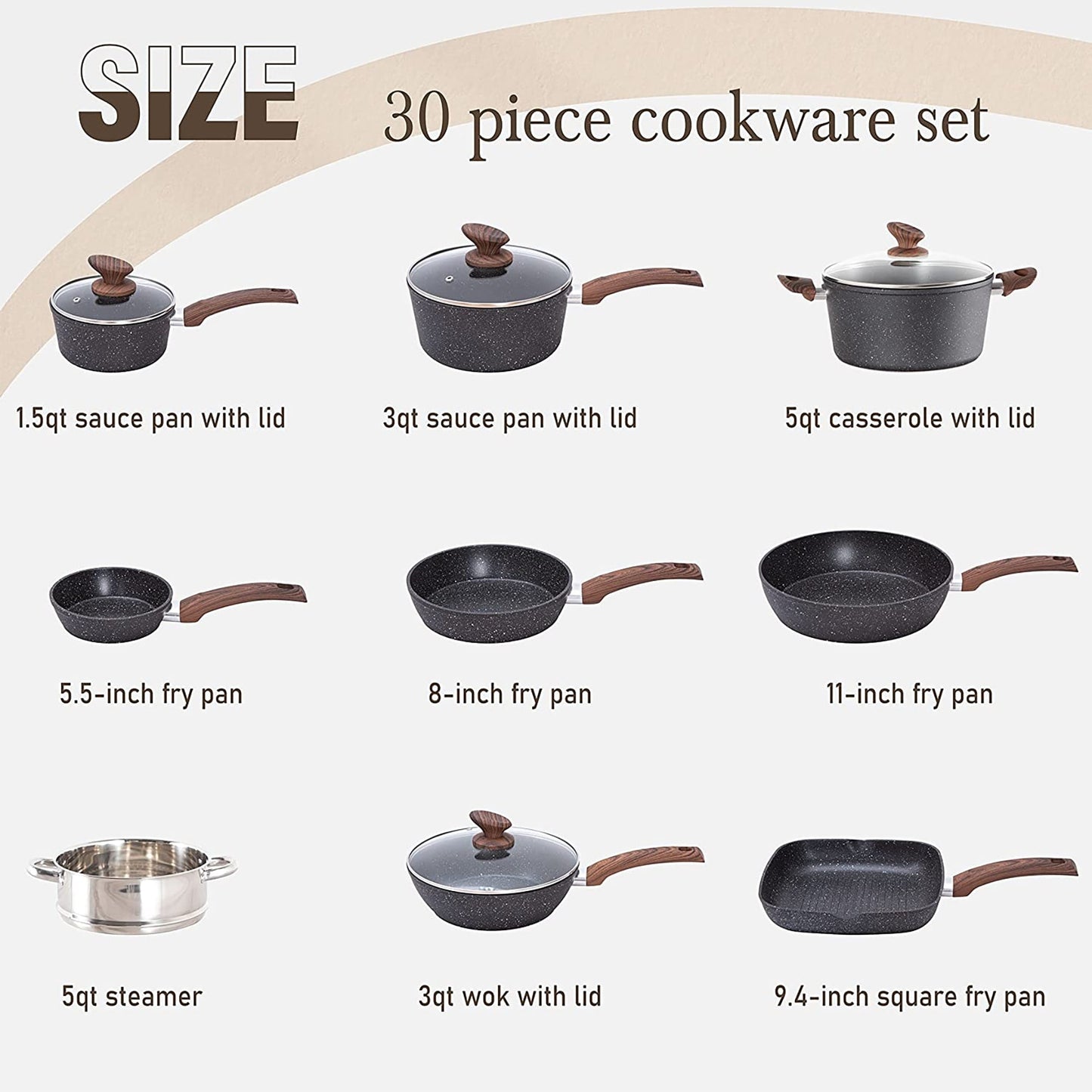 Kitchen Granite Cookware Set, Cooking Pans Set Non-Stick Pots 12/15/30-piece Set