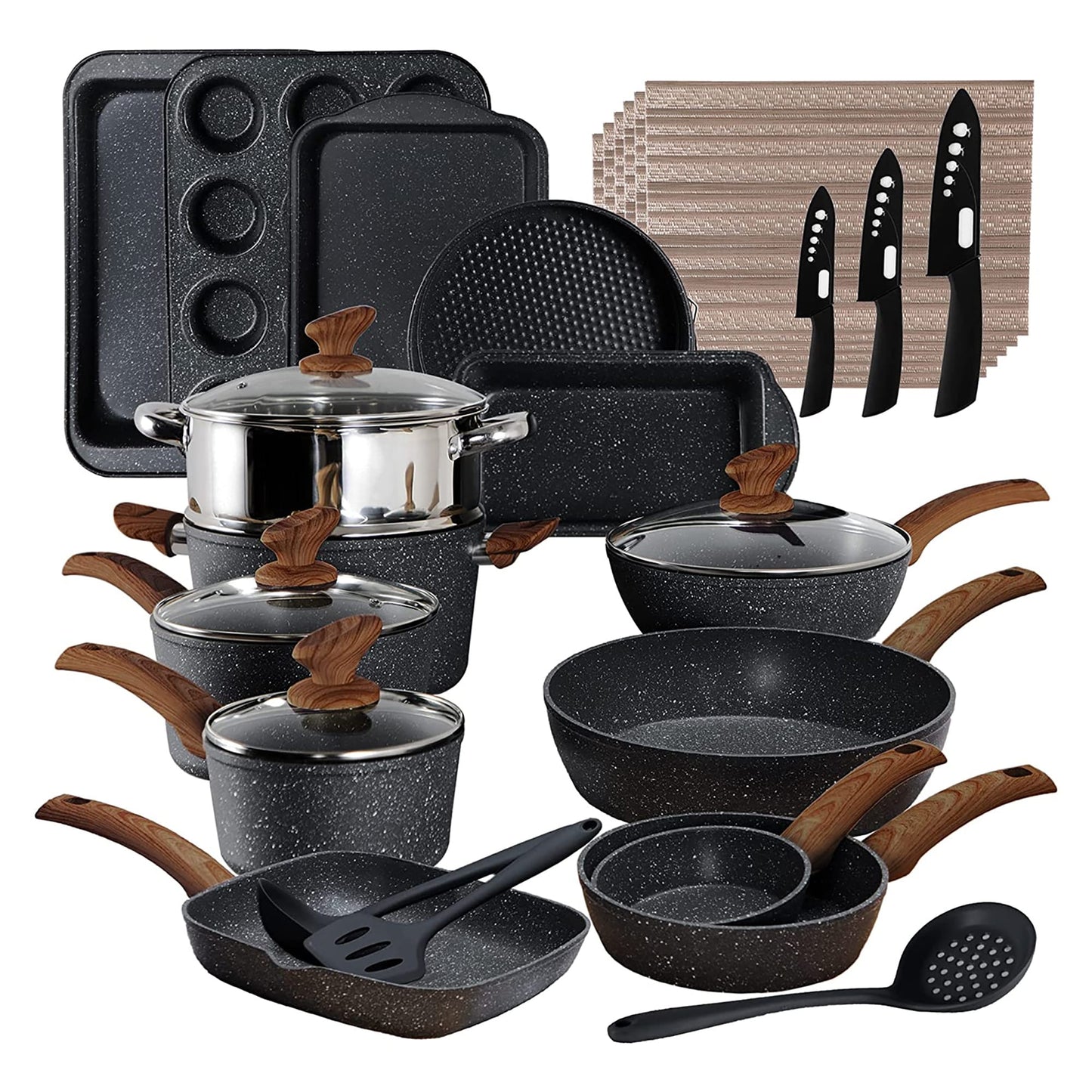 Kitchen Granite Cookware Set, Cooking Pans Set Non-Stick Pots 12/15/30-piece Set