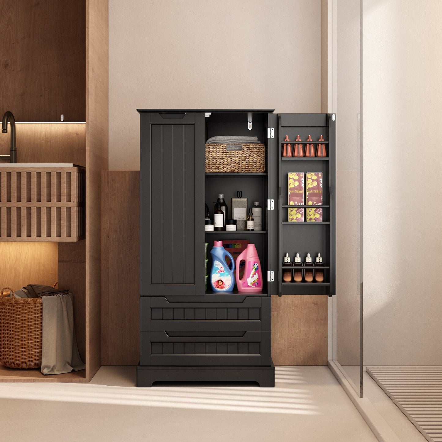 Kitchen Storage Pantry Cabinet, Freestanding Bathroom Storage Cabinet with 2 Doors and Drawers