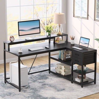 L Shaped Desk with Drawer, Home Office Corner Desk with Storage Shelves and Monitor Stand, Rustic PC Desk for Small Space