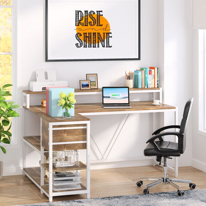 L Shaped Desk with Drawer, Home Office Corner Desk with Storage Shelves and Monitor Stand, Rustic PC Desk for Small Space
