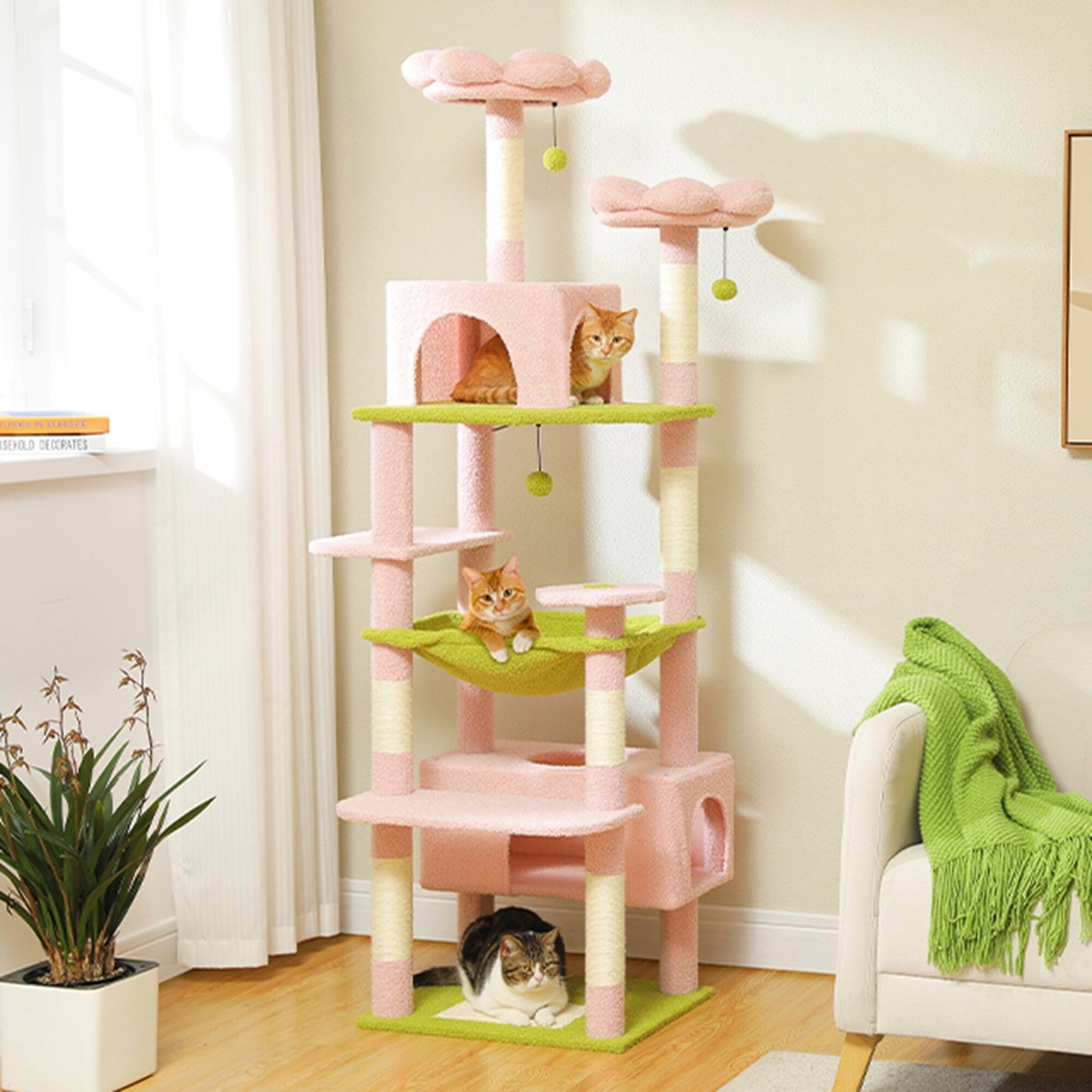 Large Cat Tower Cat Condo with Scratching Posts and Pads, 2 Padded Perch, Dual Condo and Basket