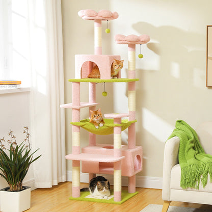 Large Cat Tower Cat Condo with Scratching Posts and Pads, 2 Padded Perch, Dual Condo and Basket