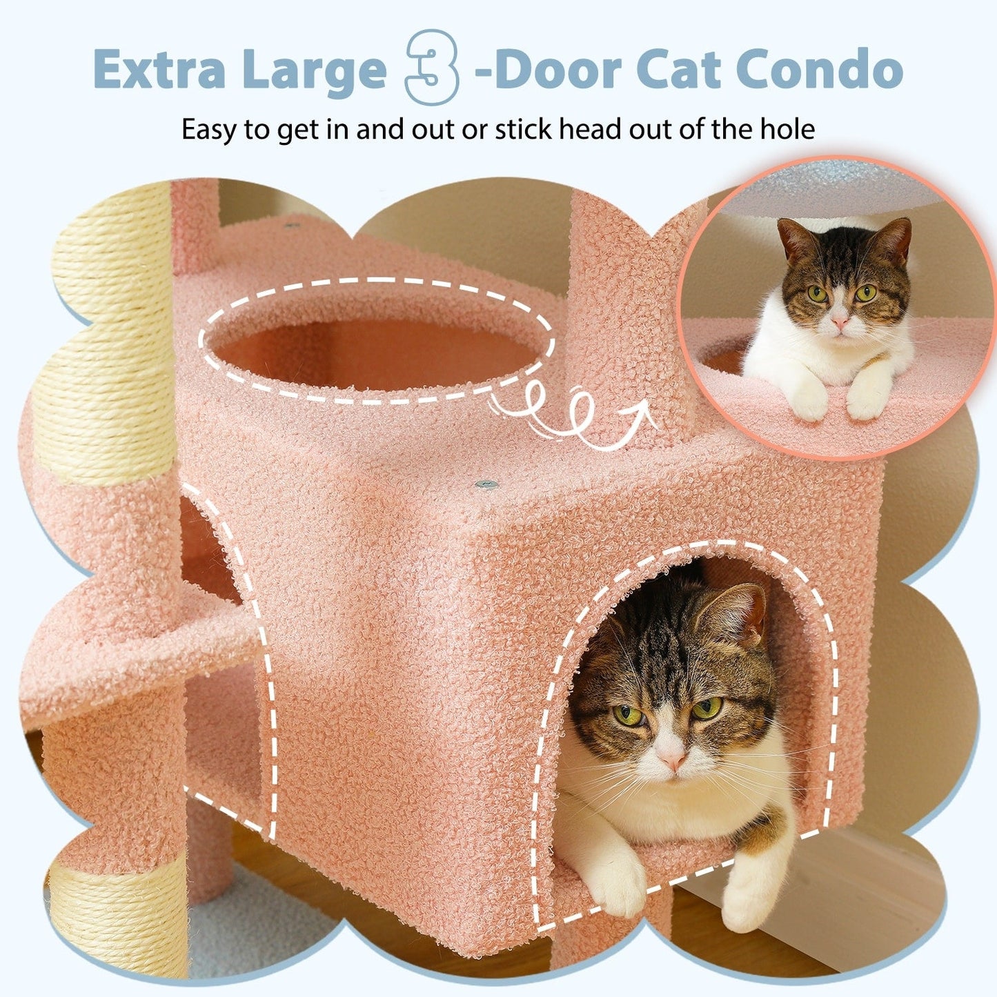 Large Cat Tower Cat Condo with Scratching Posts and Pads, 2 Padded Perch, Dual Condo and Basket