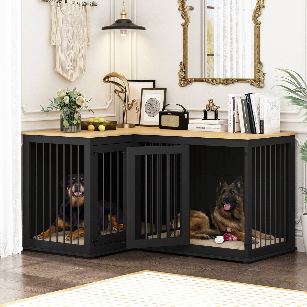 Large Corner Dog Crate Furniture for 2 Dogs, L Shape Dog Crate Cage - 58.7X41.1