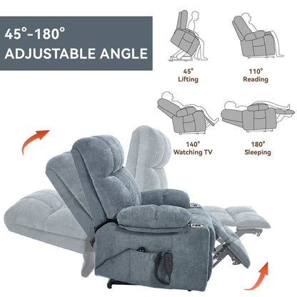 Lazy Boy Dual Motor Chenille Power Lift Recliner w/Massage and Lumbar Heating, Dual Cup Holders, Grey-Blue