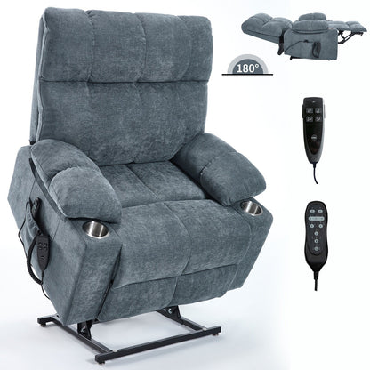 Lazy Boy Dual Motor Chenille Power Lift Recliner w/Massage and Lumbar Heating, Dual Cup Holders, Grey-Blue