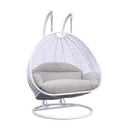 LeisureMod 2 Person Hanging Egg Chair with Stand - Outdoor/Indoor Rattan Wicker Patio Swing Hammock Lounger with Cushions