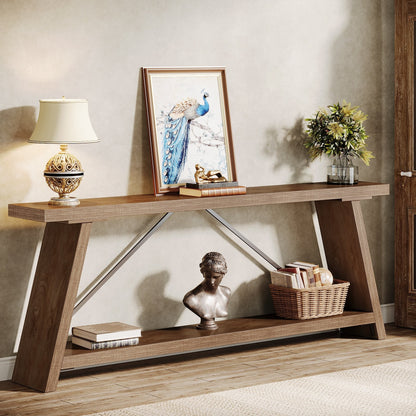 70.9 Inches Long Rustic Wood Console Sofa Table with Storage Shelf