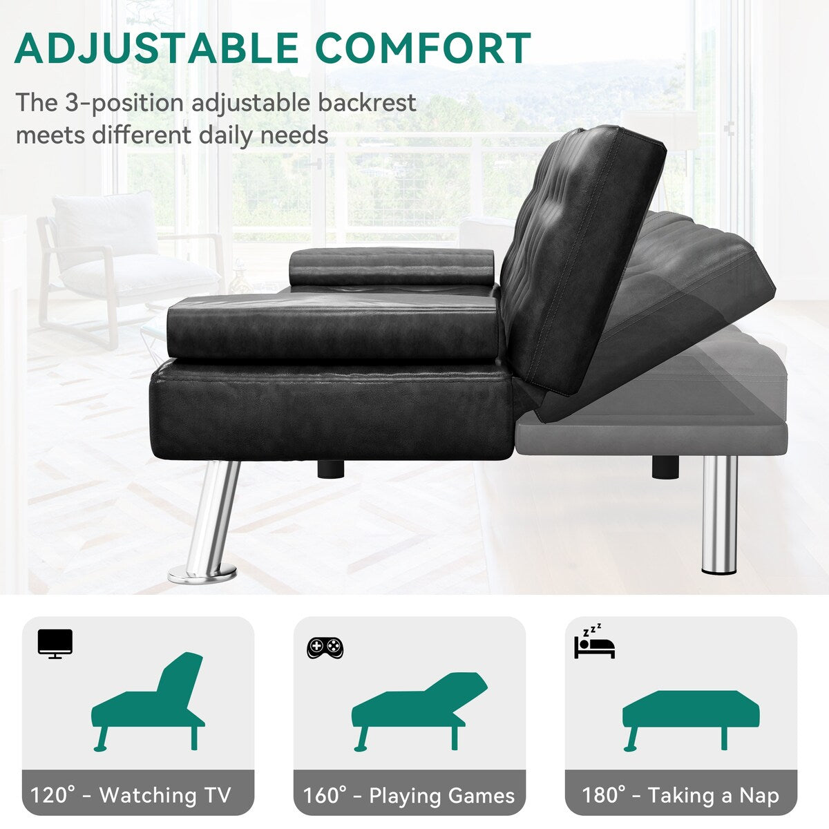 Moasis Faux Leather Futon Sofa Bed Modern Folding Futon Set - 64 L x 30 W x 26 H