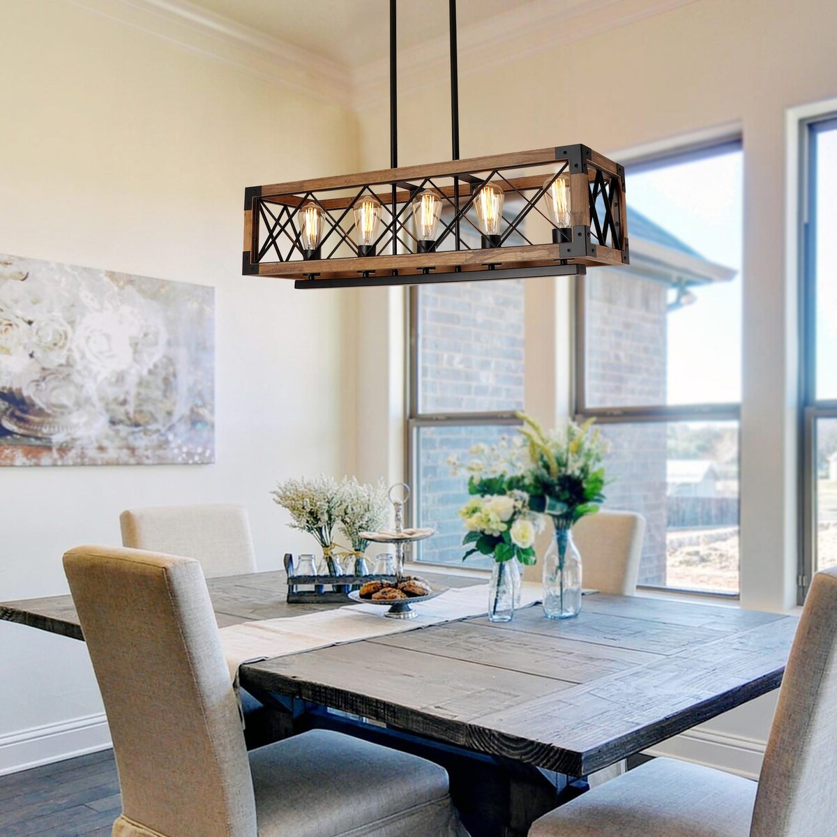 Modern Farmhouse 5-Light Wood Rectangle Chandelier Cage Island Lights for Dining Room - 31.6L x 10 W x 7.8 H