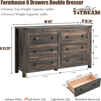 Farmhouse 6 Drawer Dresser, Wood TV Stand, Chest of Drawers