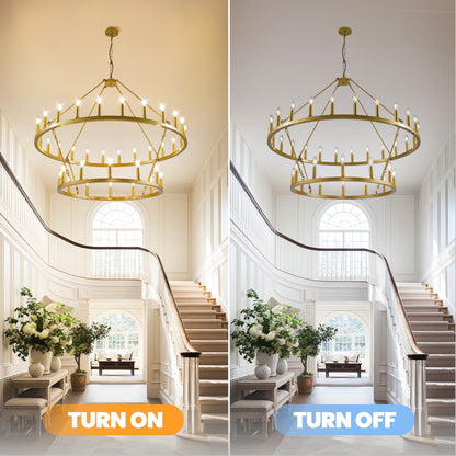Modern Farmhouse Chandelier 2 Tier Round Wagon Wheel Chandelier Large High Ceiling Light.
