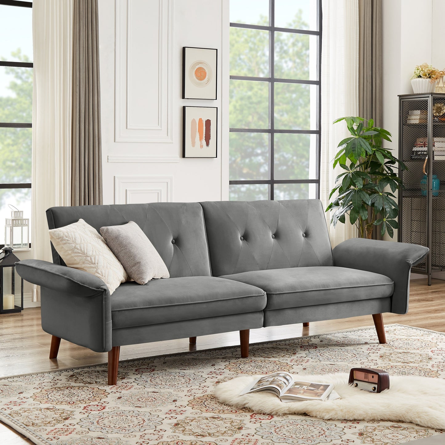 Modern Futon Sofa Bed, Convertible Sleeper Sofa with Tapered Wood Legs, 78.35 W, Small Split Back Sofa for Living Room