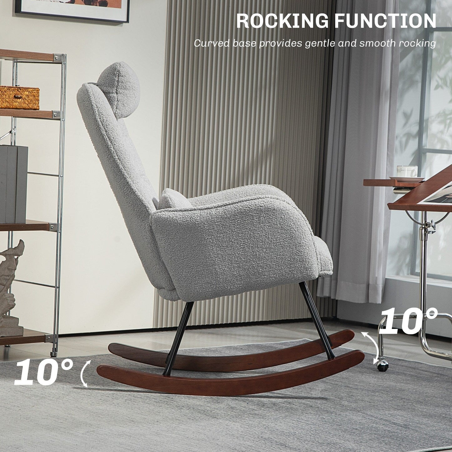 Modern Upholstered Rocking Nursery Glider Chair with High Backrest, Headrest and Lumbar Pillow for Living Room or Bedroom