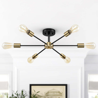 Black/ Gold Sputnik Semi Flush Mount Lamp Close to Ceiling Light Fixture for Living Room/ Kitchen/ Office/ Bedroom/ Foyer