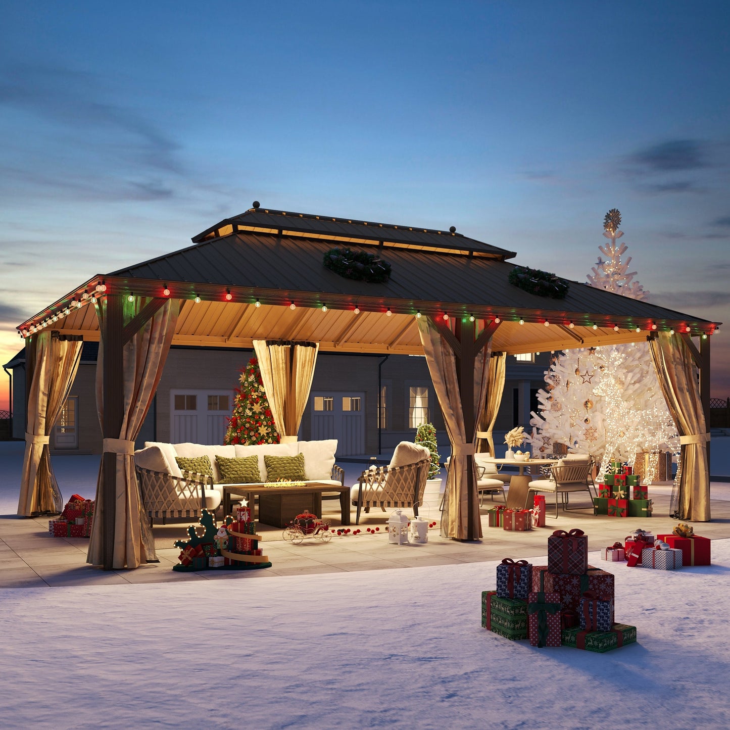 Outdoor Hardtop Gazebo with Galvanized Steel Double Roof & Aluminum Frame, Outdoor pergola with Premium Curtains and Nettings