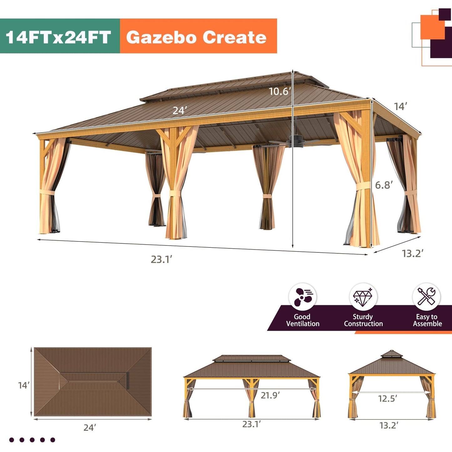 Outdoor Hardtop Gazebo with Galvanized Steel Double Roof & Aluminum Frame, Outdoor pergola with Premium Curtains and Nettings