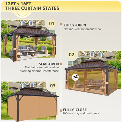 Outdoor Hardtop Gazebo with Galvanized Steel Double Roof & Aluminum Frame, Outdoor pergola with Premium Curtains and Nettings