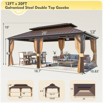 Outdoor Hardtop Gazebo with Galvanized Steel Double Roof & Aluminum Frame, Outdoor pergola with Premium Curtains and Nettings