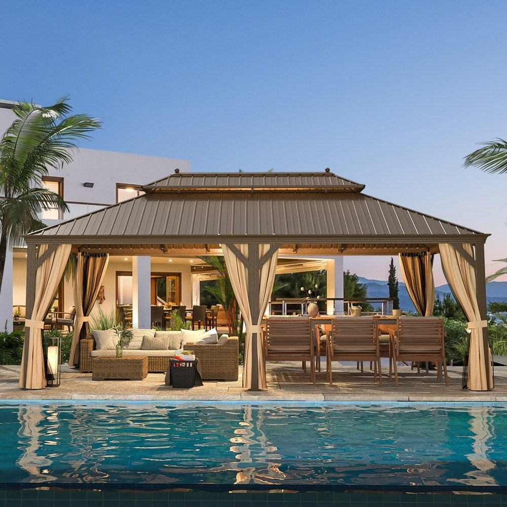 Outdoor Hardtop Gazebo with Galvanized Steel Double Roof & Aluminum Frame, Outdoor pergola with Premium Curtains and Nettings