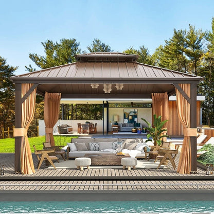 Outdoor Hardtop Gazebo with Galvanized Steel Double Roof & Aluminum Frame, Outdoor pergola with Premium Curtains and Nettings