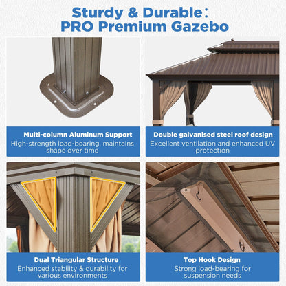 Outdoor Hardtop Gazebo with Galvanized Steel Double Roof & Aluminum Frame, Outdoor pergola with Premium Curtains and Nettings