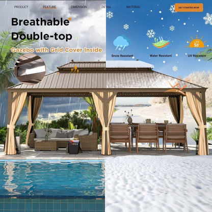 Outdoor Hardtop Gazebo with Galvanized Steel Double Roof & Aluminum Frame, Outdoor pergola with Premium Curtains and Nettings