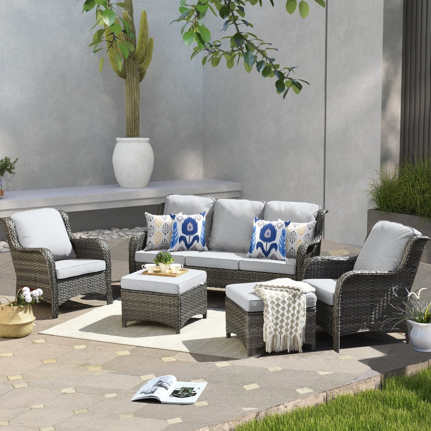 OVIOS 5-piece Patio Wicker High Back Conversation Set