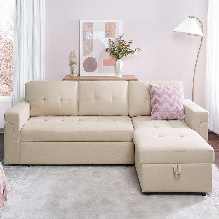 Reversible Sectional Sofa with Pull-Out Sleeper Bed, Hidden Storage Chaise, Durable Legs,
