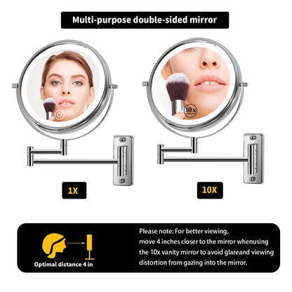 8 Round Wall Mount Bathroom Makeup Mirror, Rechargeable, Magnification 1x/10x, 3 Color Lights