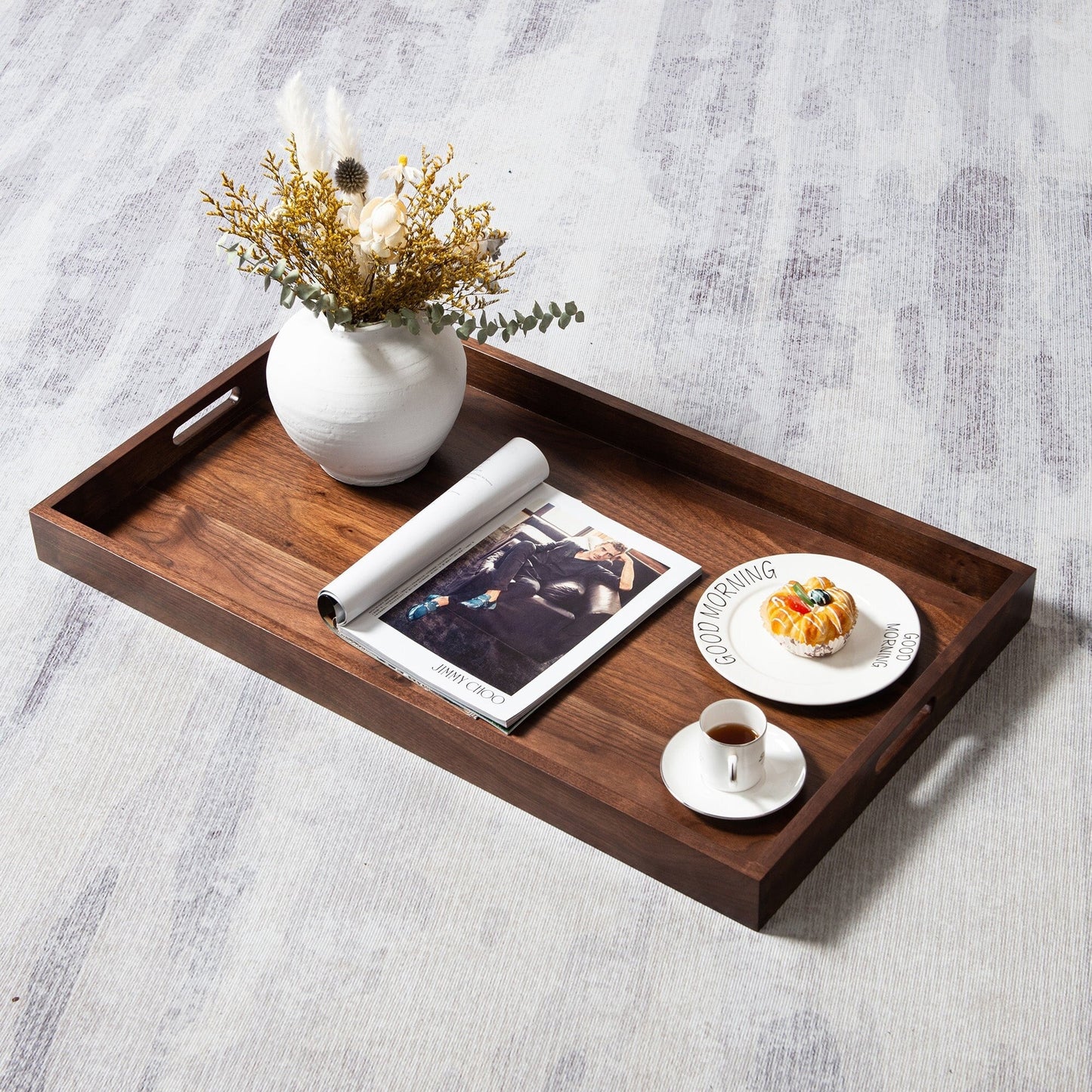KINWELL Rectangle Black Walnut Wood Serving Tray Ottoman Tray