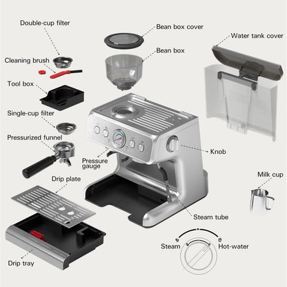 Semi-automatic Coffee Machine with Intelligent Temperature Control and Hot Water Function, 30 Grinding Settings