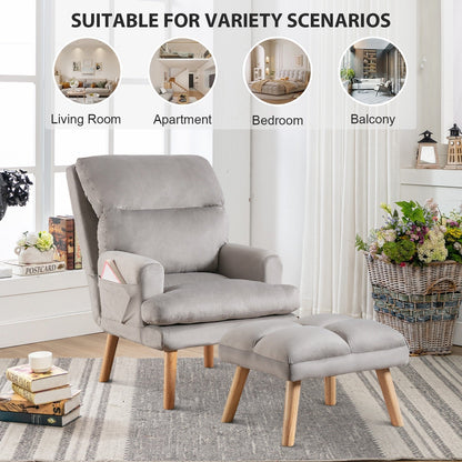 Soft Fabric Casual Living Room Armchair With Adjustable Backrest And Legs Stool