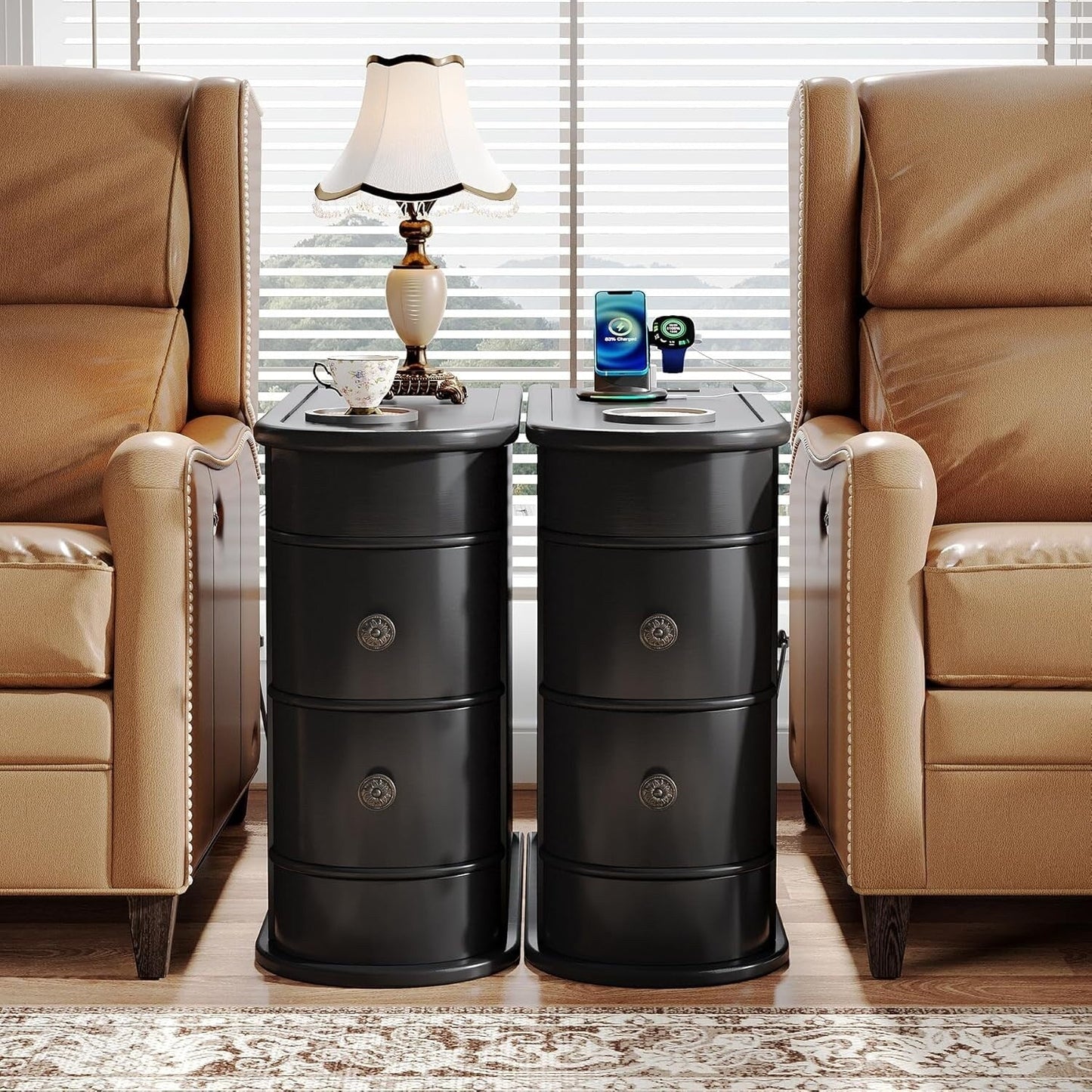 Solid Wood Chairside End Table, Two-Drawer Narrow Side Table Slim