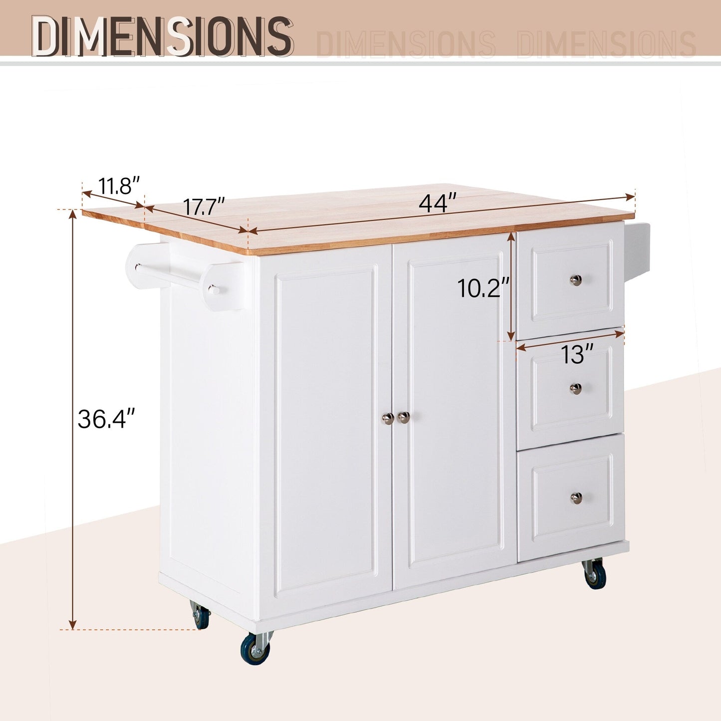 Sophia & William Kitchen Island Cart with Drop-Leaf and Rubber Wood Top, Rolling Kitchen Trolley Cart with Large Storage Cabinet