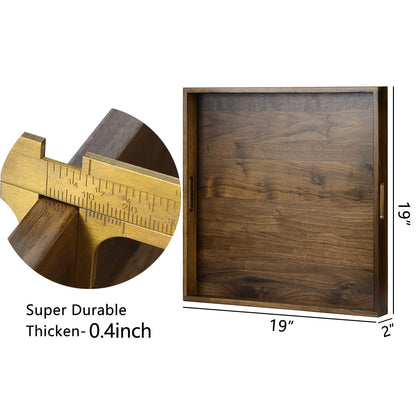 KINWELL Square Black Walnut Wood Serving Tray Ottoman Tray with Handles