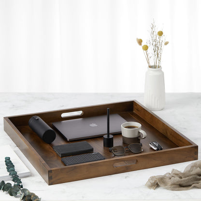 KINWELL Square Black Walnut Wood Serving Tray Ottoman Tray with Handles