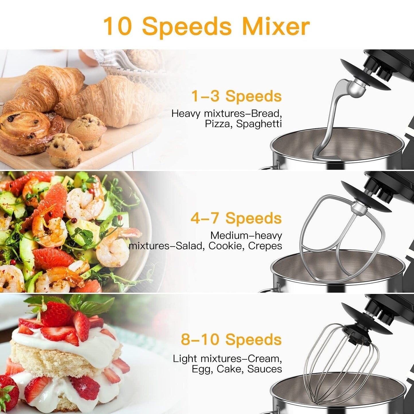 Stand Mixer - 7.5QT Capacity, 10-Speed Settings, 660W Motor