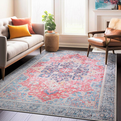 Traditional Distressed Vintage Machine Washbale Multi Area Rug